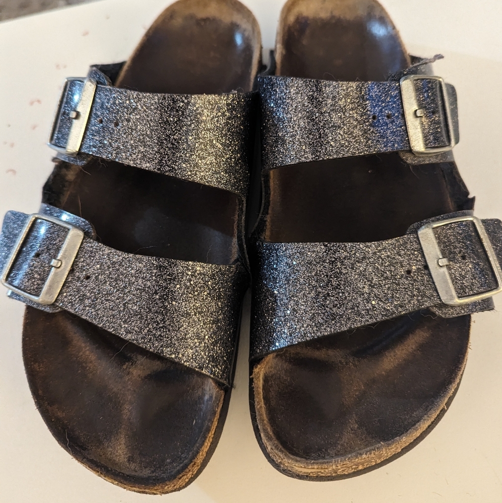 Birkenstock Women’s Arizona Cosmic Anthracite Glitter Slides 41 Birko Flor